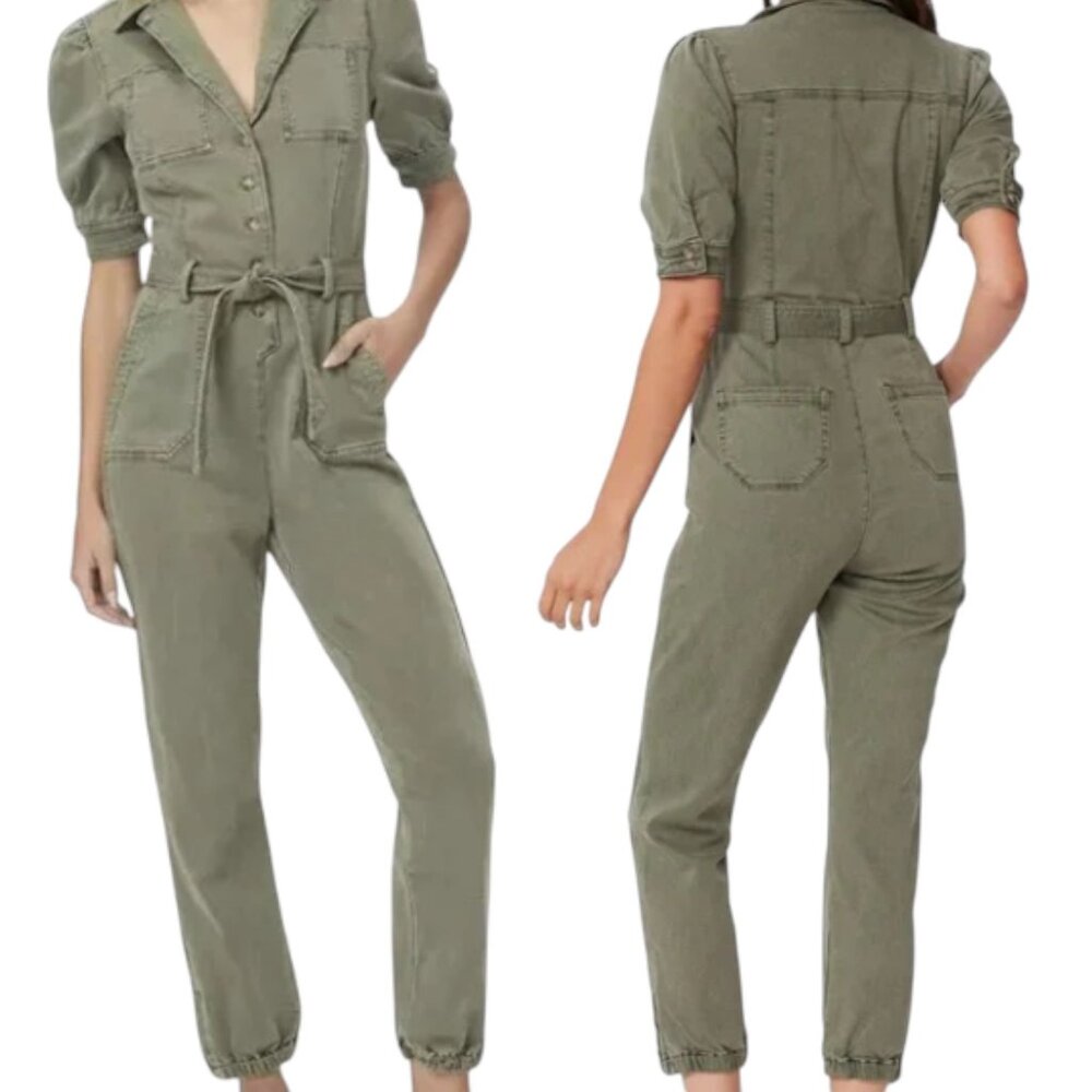 PAIGE Denim "Mayslie" Sage Green Women's Jogger Jumpsuit Short Puff Sleeve Sz 6